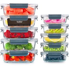 plastic containers filled with different types of fruits and veggies, all stacked on top of each other