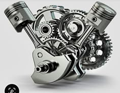 an image of a metal engine with gears on it's front end and the words,