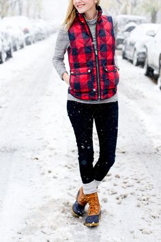 The perfect winter ensemble! Keep your legs and feet warm with leg warmers paired with a pair of duck boots. Plaid Vest Outfit, Buffalo Plaid Vest, Vest Outfit, Plaid Vest, Duck Boots, New Classic, Boots Outfit