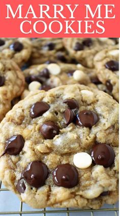 chocolate chip cookies on a cooling rack with the words marry me cookies in front of it