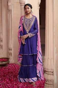 Shop for Pink City Purple Silk Chanderi Floral Zari Embellished Kurta Gharara Set for Women Online at Aza Fashions Luxury Anarkali Purple Sharara, Luxury Purple Sharara With Gota Work, Luxury Purple Dola Silk Sharara, Luxury Purple Traditional Wear With Zari Weaving, Sharara Suit Designs, Pakistani Sharara, Latest Pakistani Fashion, Gharara Suits, Indian Fashion Trends