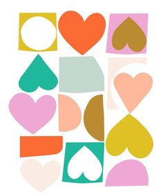 hearts and shapes are arranged in different colors