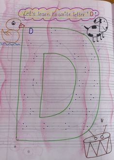 a hand drawn letter d is shown on a paper with an animal in the background