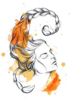 a drawing of a woman's head with an orange and yellow hair on it