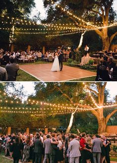 two pictures of people at a wedding with lights strung from the trees and on the ground