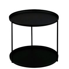 a black round table with two shelves on each side