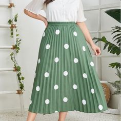 Plus Size High Waist Retro Office Green Pleated Skirt: Dotted Prints Spring Polka Dot Midi Skirt, Casual Long Polka Dot Skirt, Relaxed Fit Polka Dot Skirt, Polka Dot Pleated Skirt For Spring, Casual Polka Dot Flowy Skirt, Casual Polka Dot Pleated Skirt, Casual Polka Dot Lined Skirt, Plus Size 2023, Printing Skirt