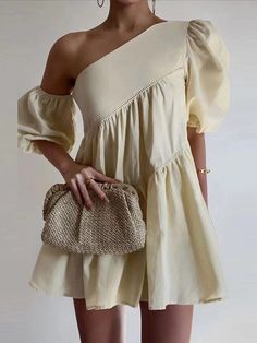 Loose Puff Sleeves Asymmetric Solid Color One-Shoulder Mini Dresses BEIGE-M घाघरा चोली, Minimal Stil, Marina Dress, Dorothy Dandridge, Chique Outfit, Ținută Casual, Modieuze Outfits, Looks Style, Fesyen Wanita