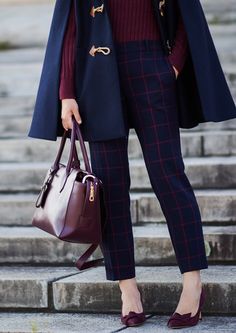 Navy Blue And Burgundy Outfit, Navy Plaid Pants Outfit, Burgundy And Navy Outfit, Dark Navy Outfit, Navy Blue And Red Outfit, Blue Plaid Pants Outfit, Burgundy Outfit Ideas, Bordeaux Outfit, Plaid Pants Outfit