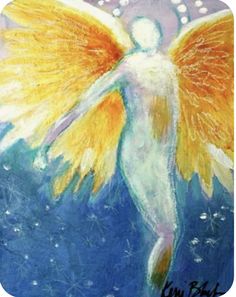 a painting of an angel with yellow wings