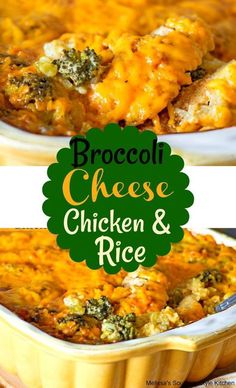 broccoli cheese chicken and rice casserole in a yellow dish