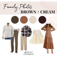 some people are wearing brown and cream outfits for their family photo session with the caption above them