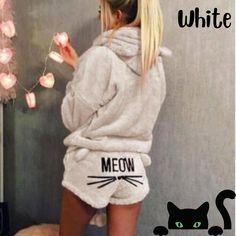 Meow Cat Pajama Set with Short for Women, Cat Hoodie Flannel Pajama Set, Cat Sweater and Gifts For Cat Lovers, Sexy Sleepwear Gift for Wife Warm Pajamas, Flannel Fashion, Cat Embroidery, Cat Pajamas, Velvet Suit, Winter Pajamas, Embroidery Materials, Fleece Pajamas