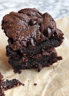 two chocolate brownies stacked on top of each other