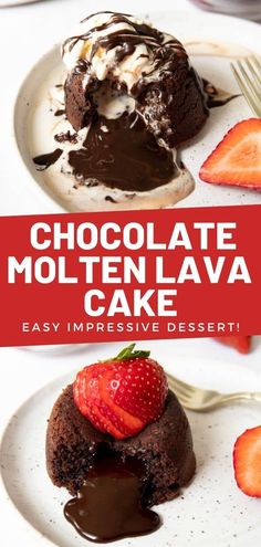 chocolate molten lava cake on a plate with strawberries