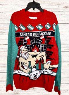 Ugly Christmas Sweater Santa's Big Package Sexy Santa Men's Size Med. Red Green Mens Christmas White Sweater, Mens Christmas Sweater, Mens Xmas Sweaters, Horror Christmas Sweater, Pregnant Ugly Christmas Sweater, Ugly Christmas, Christmas Sweater, Being Ugly, Red Green