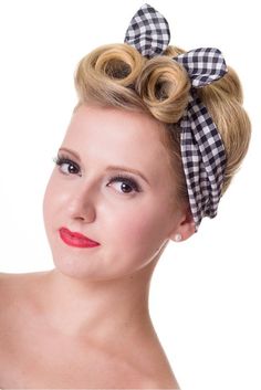 1940s 1950s check gingham blue headband pinup style 1950s Hair Accessories, 1950s Women Hairstyles, 1960 Hairstyles, 1950s Hairstyles, 1940s Hairstyles, Hair Accessories Vintage, Pin Curls