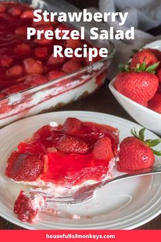 strawberry pretzel salad recipe with text overlay