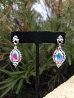 Iridescent Crystal Earrings For Party, Iridescent Crystal Drop Earrings, Elegant Iridescent Sparkling Crystal Earrings, Iridescent Teardrop Earrings For Wedding, Iridescent Dangle Earrings For Wedding, Pink Crystal Bracelet, Pageant Earrings, Gold Rhinestone Earrings, Clear Crystal Necklace