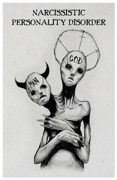 a black and white drawing of two people with masks on their heads, one holding the other