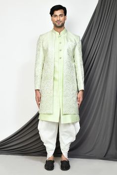 Sea green jacquard sherwani with floral woven patterns. Comes with plain sleeveless kurta and cream patiala pant. - Aza Fashions Green Naqshi Kurta For Wedding, Elegant Green Jamawar Kurta, Green Nehru Jacket For Wedding Diwali, Green Sets For Groom On Eid, Green Sets For Groom For Eid, Designer Green Sherwani With Chikankari Embroidery, Green Nehru Jacket With Zari Work For Reception, Pista Green Sherwani With Chikankari Embroidery For Formal Occasions, Formal Pista Green Sherwani With Chikankari Embroidery