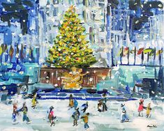 a painting of people skating around a christmas tree