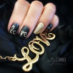 Monogrammed with "LOVE" nail art design in gold and black. Love Nail Art, Love Nails, Makeup Nails