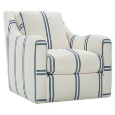 a white chair with blue stripes on it