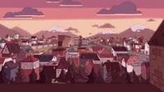 an animated cityscape with mountains in the background and clouds above it at sunset