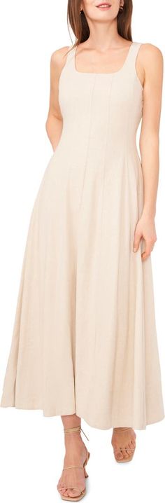 Halogen® Linen Blend Maxi Dress | Nordstrom Spring A-line Maxi Skirt With Pleated Waist, Beige Pleated Maxi Skirt For Summer, Elegant Solid Color Maxi Skirt For Spring, Summer Beige Pleated Maxi Skirt, Beige Flowy Maxi Dress For Spring, Spring Pleated Wide-leg Maxi Dress, Spring Wide Leg Pleated Maxi Dress, Spring A-line Maxi Skirt With Pleated Hem, Summer A-line Maxi Dress With Pleated Skirt