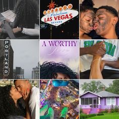 a collage of photos with the las vegas sign in the background and two people kissing each other