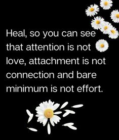 daisies with the words heal so you can see that attention is not love, attachment is not connection and bare minimum is not effort