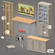 a collage of a wooden and grey sims 4 dining room cc Room Cc Sims 4, Sims 4 Dining Room Cc, Sims 4 Living Room Ideas, Sims 4 Living Room Cc, Sims 4 Bathroom Cc, Sims 4 Dining Room, Sleek Dining Table, Sims 4 Bathroom, Sims 4 Living Room