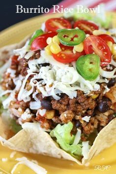 burrito rice bowl on a yellow plate