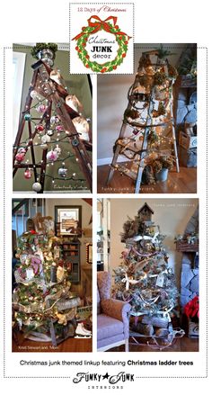 christmas tree decorated with tinsel and other ornaments in various stages of construction, including ladders