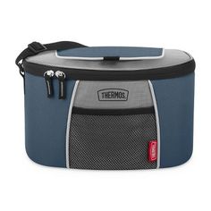 thermos insulated cooler bag with zippers and handles, blue / grey