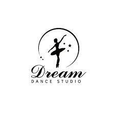 a logo for a dance studio with a ballerina in the air and stars above it