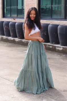 All items are shipped by Thailand Post. Please leave a phone number with orders . US sizing fits XS - XL please check the sizes in inches in the description. This lovely Boho long skirt is made from 100% cotton soft and very comfortable .The skirt is in three tiers , full elastic waist band and half lined A great piece to wear with a tight or cropped top . Its is very comfy to wear and easy to care for just wash cold cycle hang to dry or tumble dry low . Waist 24'' inches - 48'' inches Hips 54'' Long Floaty Skirt, Crop Tops With Long Skirts, Long Hippie Skirt, Tired Skirt Outfit, What To Wear With Long Skirts, Long Skirt Reference, Green Long Skirt Outfit, Boho Skirts Long, Cute Long Skirts