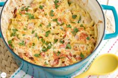 a casserole dish with chicken, cheese and green onions in a blue pot