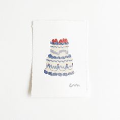 a card with an image of a three tier cake on it's front and side