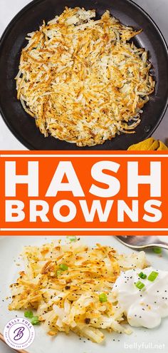 hash browns in a cast iron skillet with the title above it