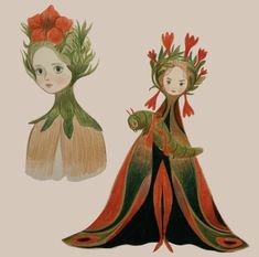 two drawings of women with flowers in their hair, one wearing a long dress and the other holding a bird