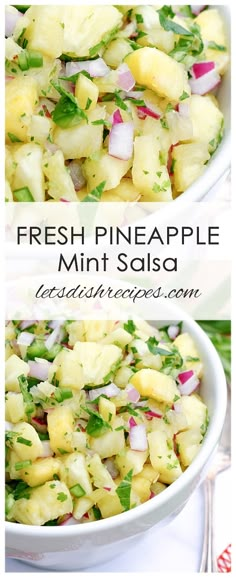 fresh pineapple mint salsa in a white bowl