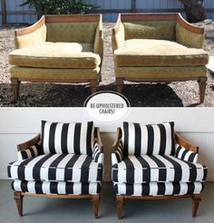 before and after photos of upholstered chairs with black and white striped fabric on them