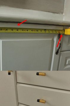 an image of a measuring tape on top of a cabinet door that is missing the handles