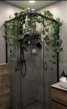 a shower with plants growing on the side of it's glass doors and walls