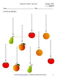 an apple, tomato and orange are connected to each other by lines on the same line