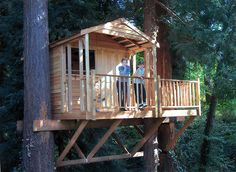 a man standing on top of a wooden tree house