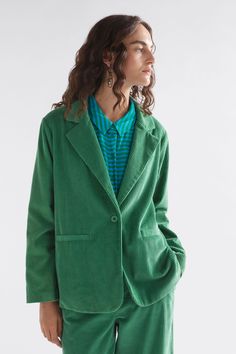 Rhes Chunky Cord Single Button Blazer Model Front | SEA GREEN Autumn Wardrobe, Single Button Blazer, Color Pairing, Cuff Detail, Black Trousers, Sea Green, Cotton Cord, Blazer Buttons, Fall Wardrobe