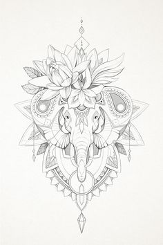 an elephant's head with flowers and leaves in the center on a white background